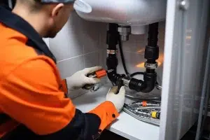 Un homme installant un produit d'un fabricant d'évier de cuisine