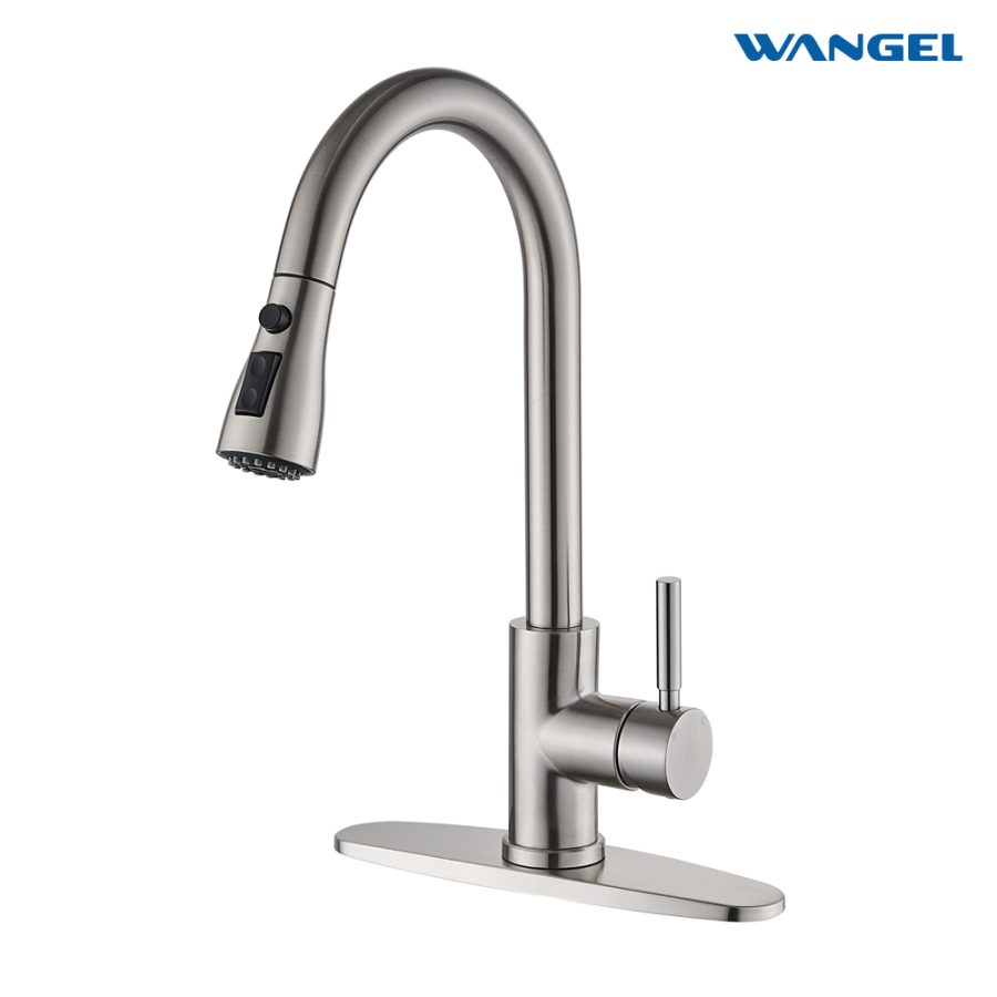 Kitchen faucet with pull-down ejector, high-arc single-handle classic stainless steel sink faucet