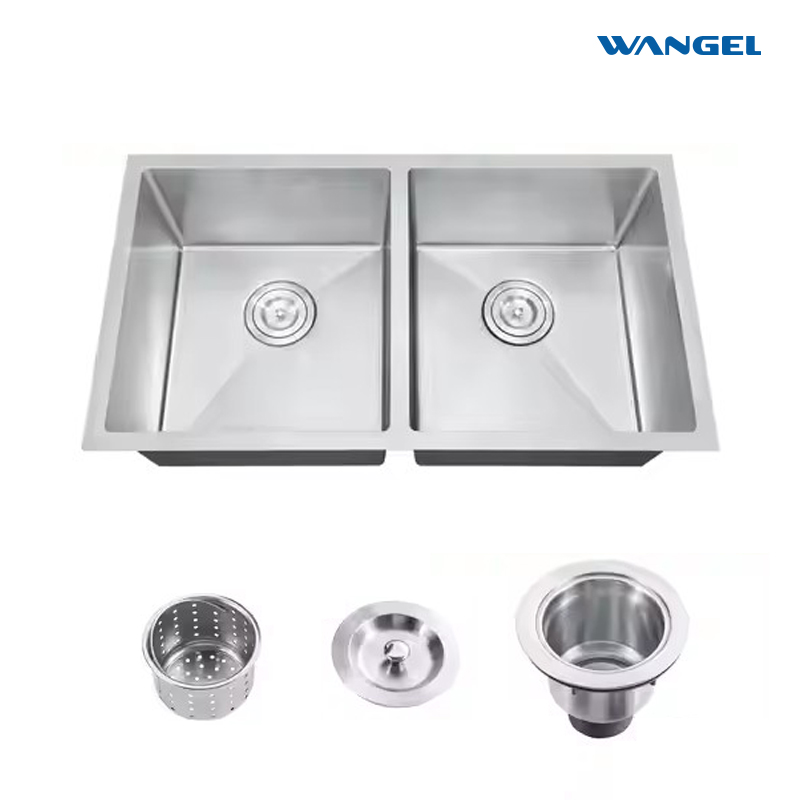 Modern design square handmade stainless steel 304 bottom double bowl kitchen sink