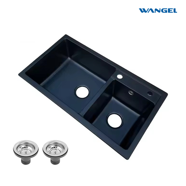 Quartz black granite rectangular small double bowl kitchen sink