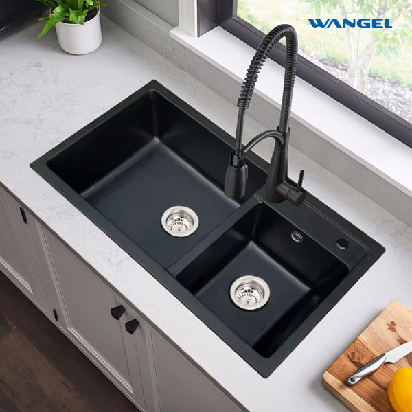 Quartz black granite rectangular small double bowl kitchen sink - 图片 3