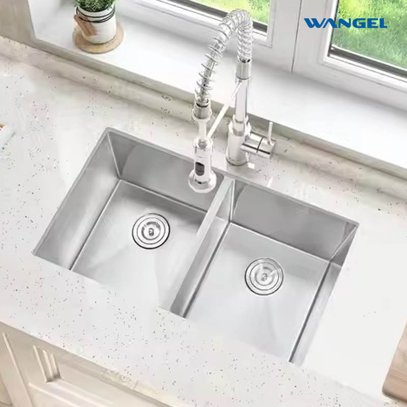 Modern design square handmade stainless steel 304 bottom double bowl kitchen sink - 图片 4