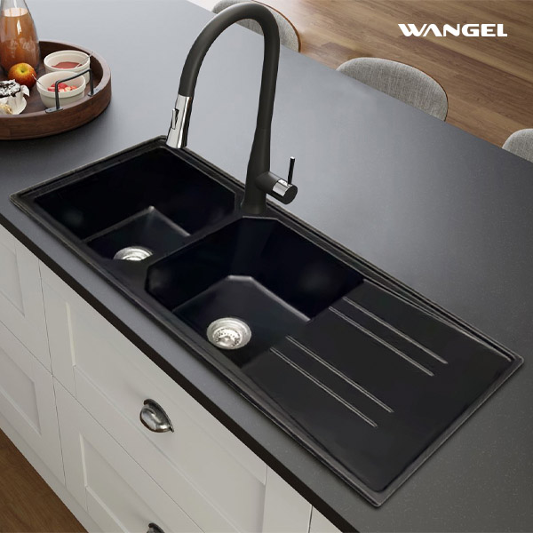 Double basin design with drainage board cutting board kitchen design quartz stone sink high quality quartz kitchen sink - 图片 4