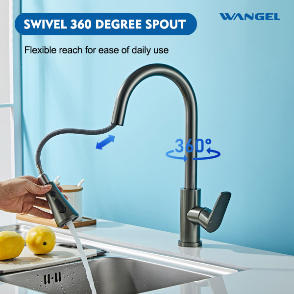 Modern Style Design 360° Rotatable Pull Out Spout Space Aluminum Countertop-Mounted Installation Kitchen Faucet - 图片 4
