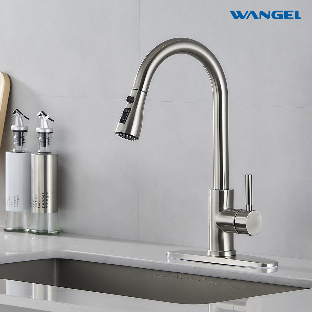 Kitchen faucet with pull-down ejector, high-arc single-handle classic stainless steel sink faucet - 图片 2