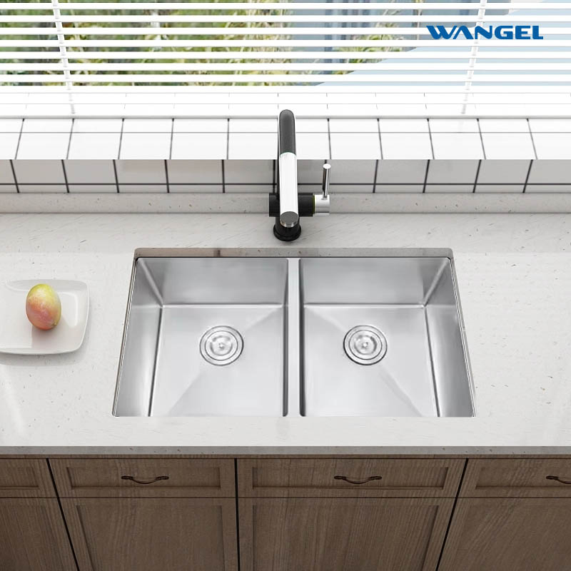 Modern design square handmade stainless steel 304 bottom double bowl kitchen sink - 图片 5