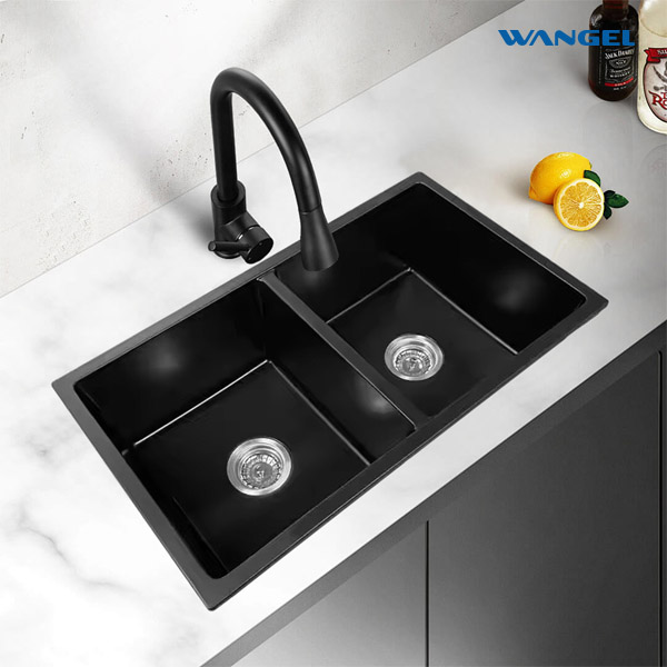 Granite Composite Double Bowl Kitchen Sink, Quartz Dual Mount Workstation, Matte Black Composite - 图片 5