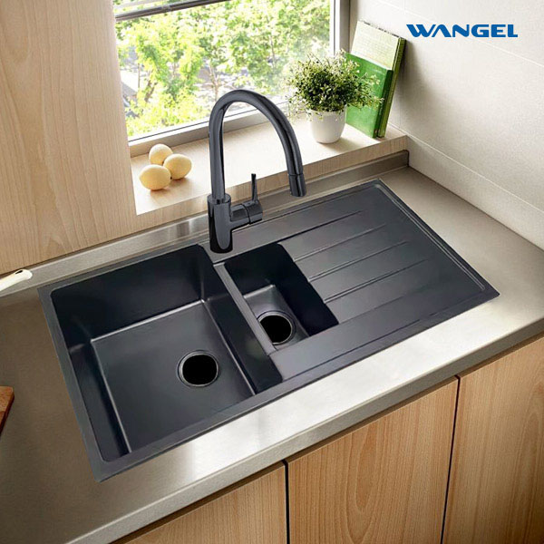 Double Bowl Granite Sink Quartz Stone Kitchen Sink with Drain Board - 图片 5