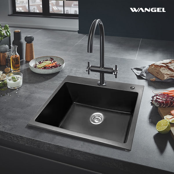 Single bowl kitchen sink Black composite granite square base quartz with one hole - 图片 6
