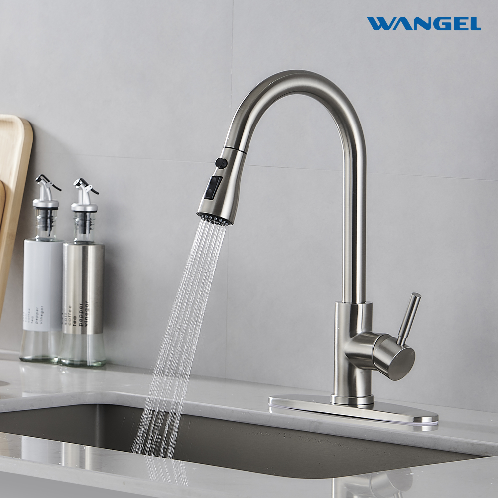 Kitchen faucet with pull-down ejector, high-arc single-handle classic stainless steel sink faucet - 图片 3