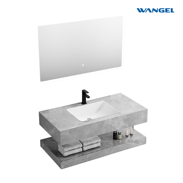 Marble Slate Wall Mount Floating Cabinet Bathroom Vanity, Light grey Bath Vanities