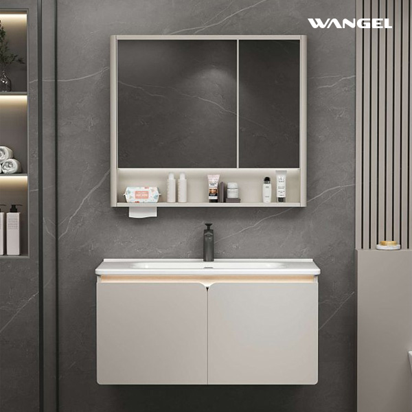 Modern Wall-Mounted LED Shower Mirror Bath Cabinets Ceramic Countertop - 图片 2