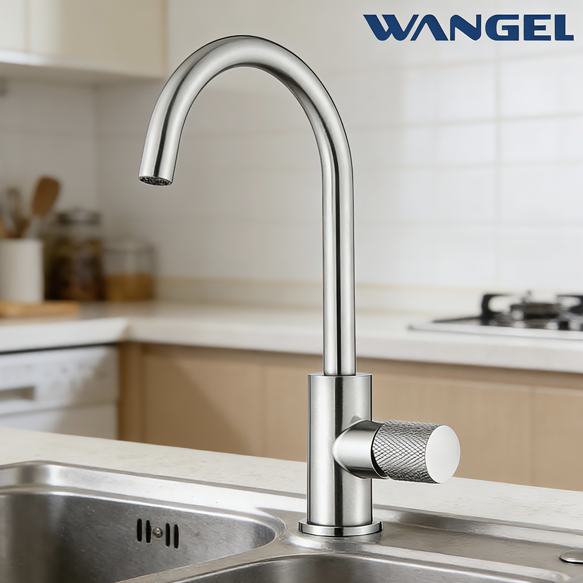 Wangel Brushed Stainless Steel High-Arc Kitchen Faucet - 图片 3