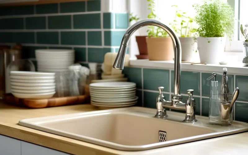 A kitchen sink faucet with a sprayer besides dishes