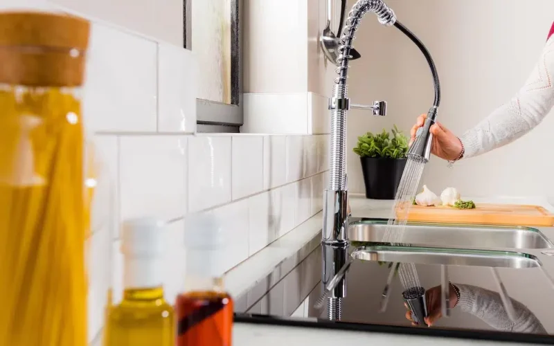 A person using a kitchen faucet with a sprayer