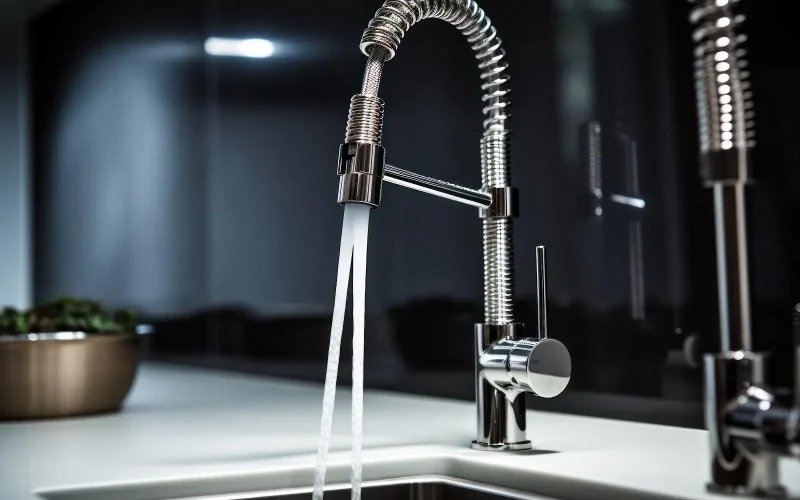 A silver kitchen sink with a sprayer and running water