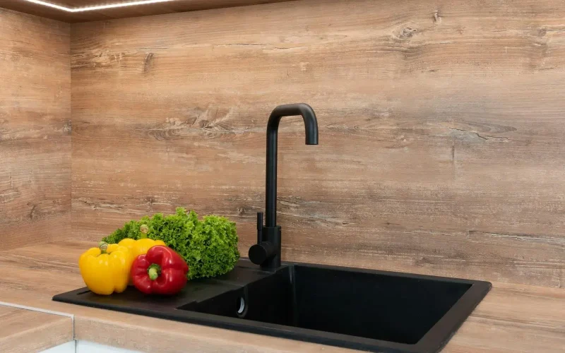 Black single-hole kitchen sinks and faucets with vegetables beside them