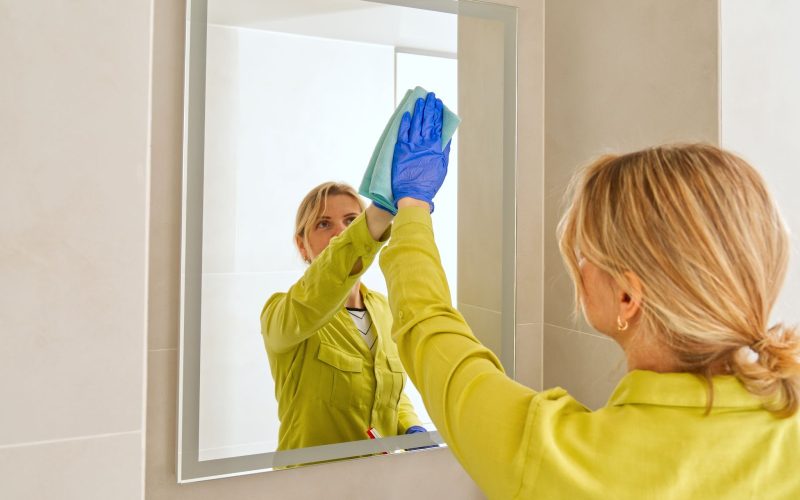 A weman is cleaning the wall mounted bathroom mirror