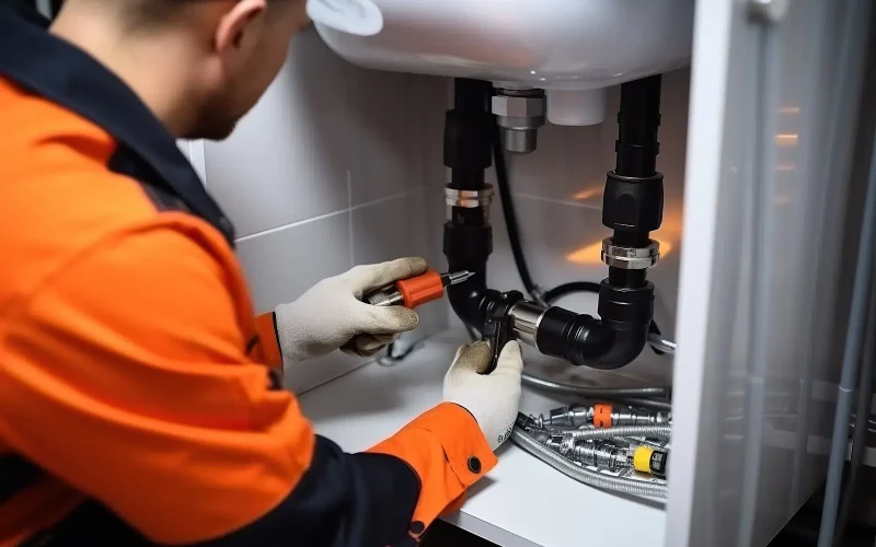 Um homem instalando um produto de um fabricante de pias de cozinha