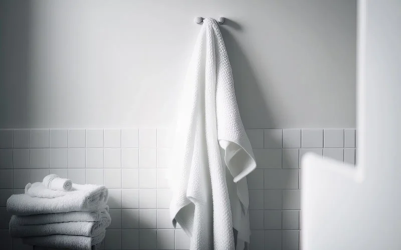 A white towel hanging on a single towel hook