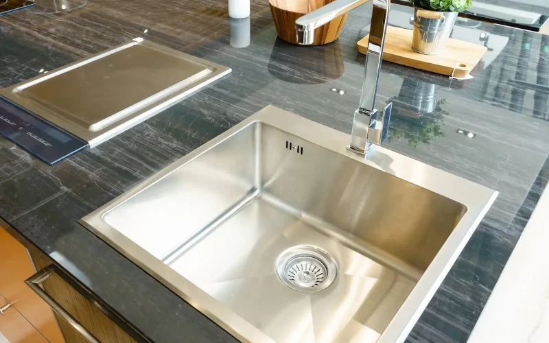 A close-up of a stainless steel sink