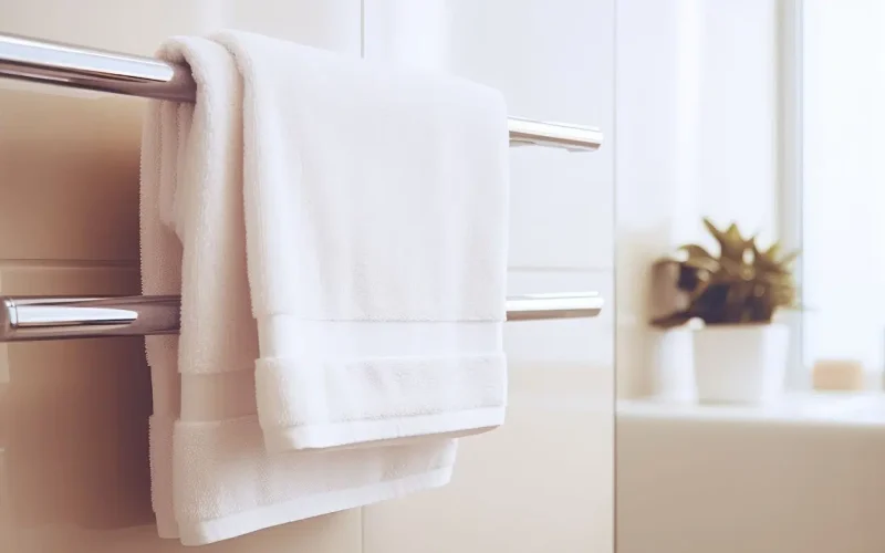 A white towel hanging on a stainless towel holder