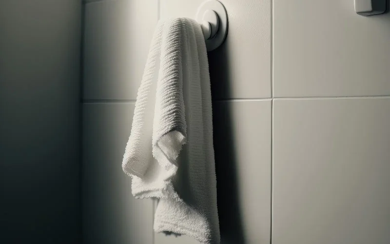 A white towel hanging on a towel hook