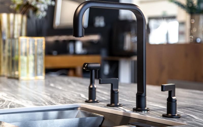 black kitchen faucet with a steel sink